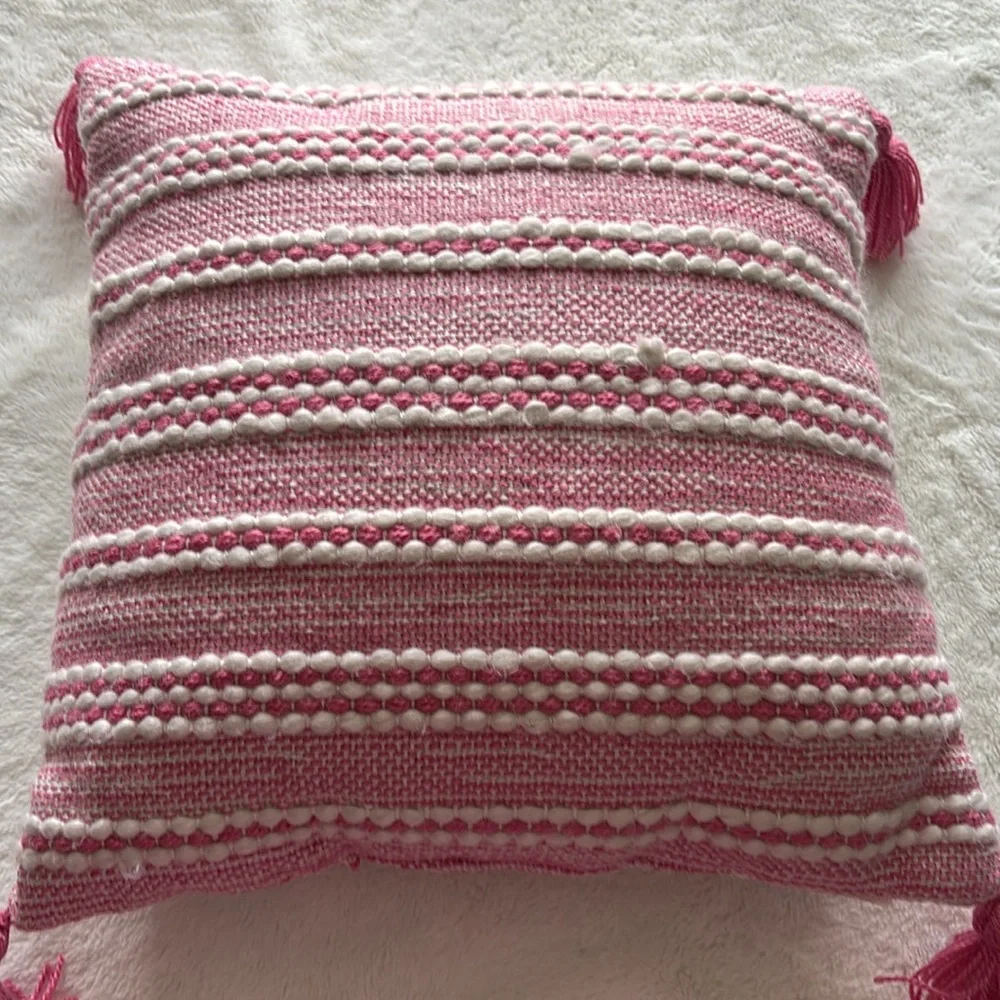 Magaschoni Home Decorative Toss Throw Pillow Pink & White Pink Tassels